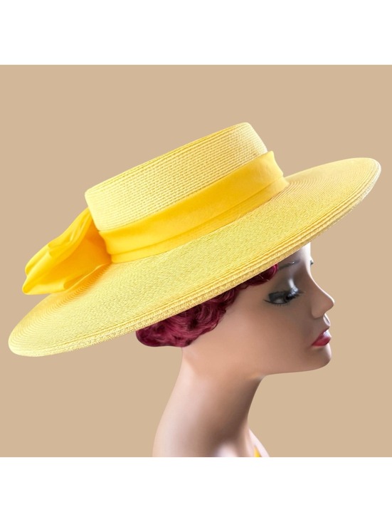 Accessories - Vintage 80s Yellow Straw Wide Brimmed Hat, Chiffon Bow,  Sunhat, G. Fox
